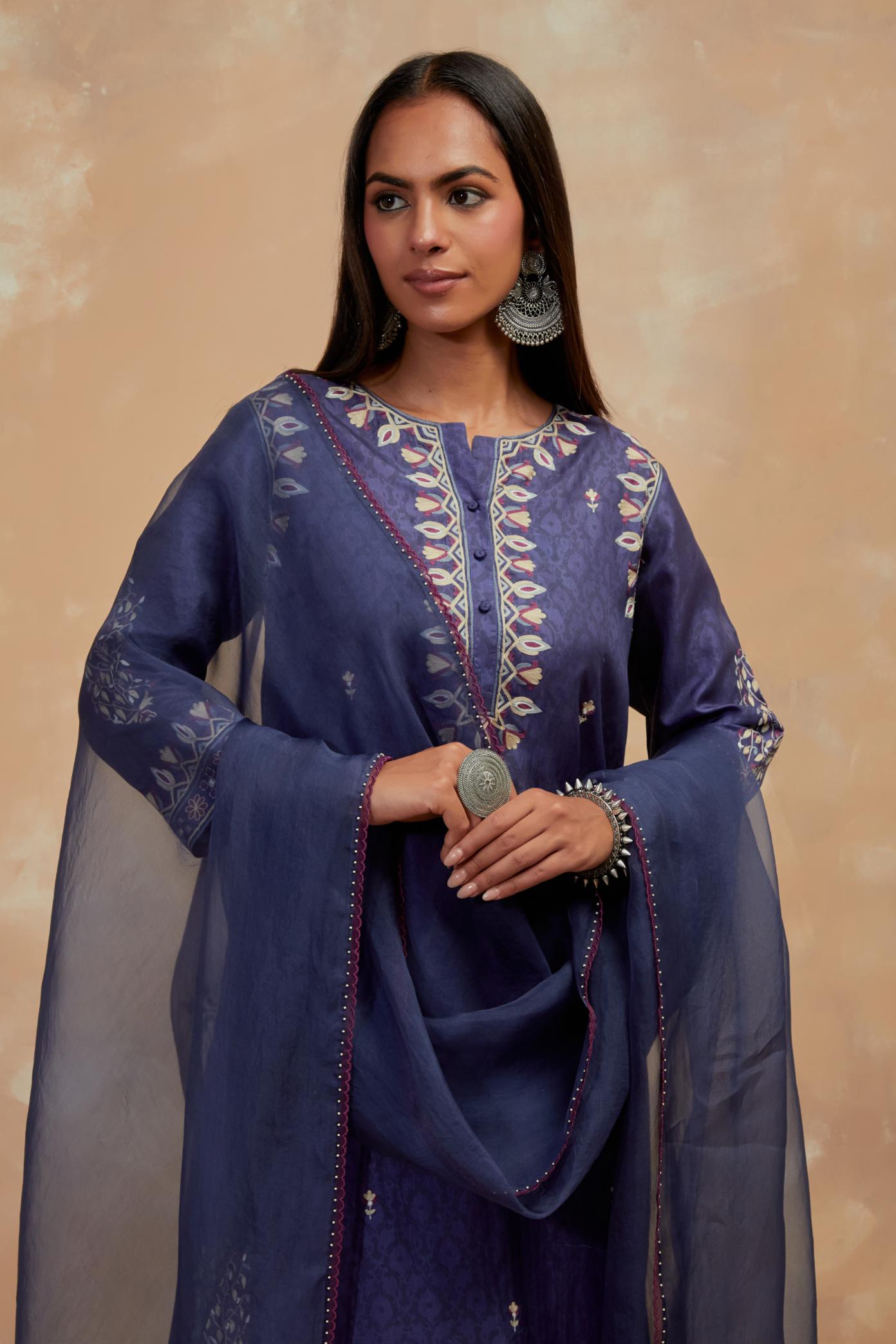 Dark Blue silk organza dupatta with multi colored silk thread embroidery at dupatta all four corners.