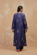 Ford blue silk hand block printed easy fit kurta set, highlighted multicolored silk thread embroidery.