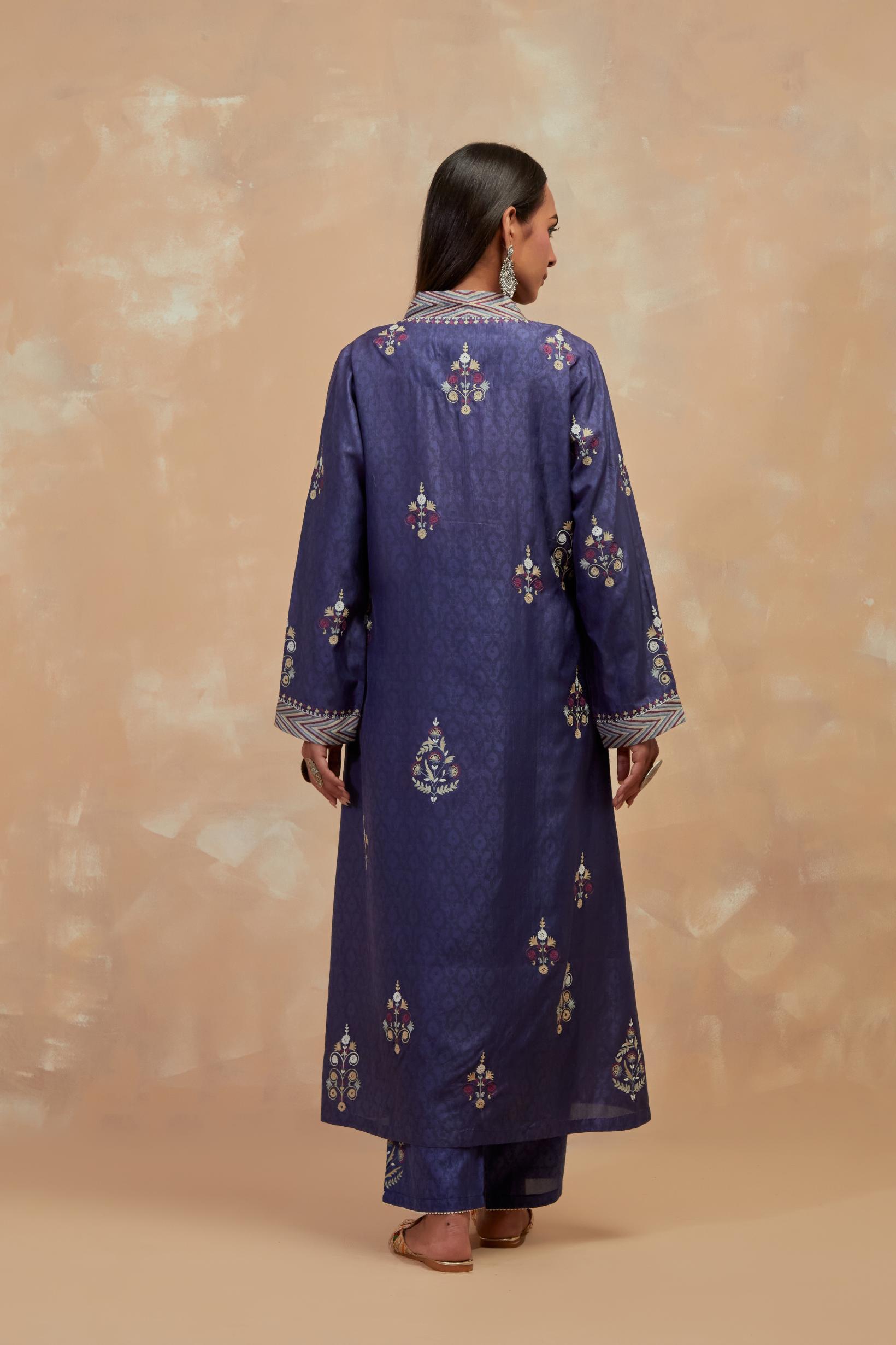 Ford blue silk hand block printed easy fit kurta set, highlighted multicolored silk thread embroidery.