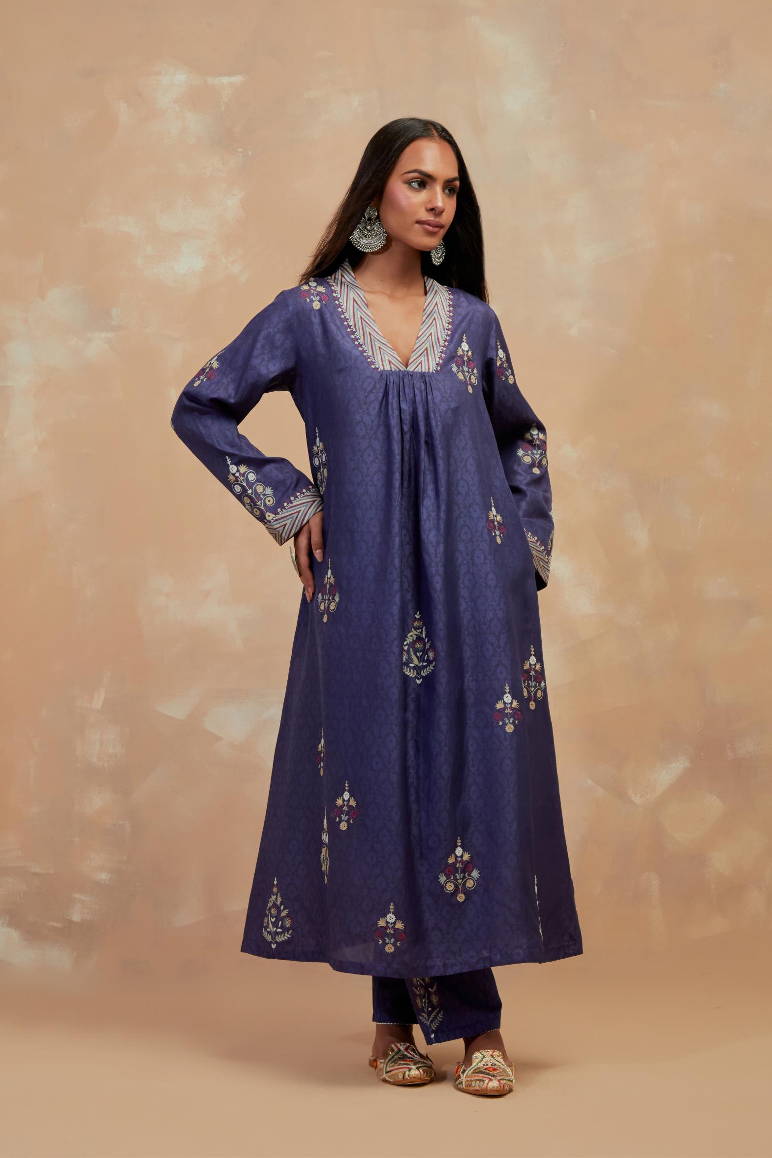 Ford blue silk hand block printed easy fit kurta set, highlighted multicolored silk thread embroidery.