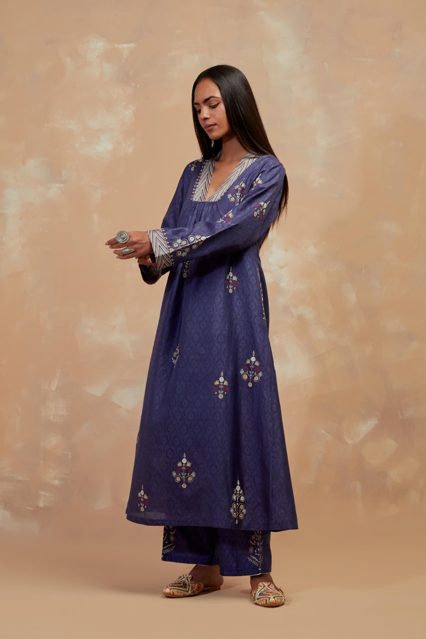 Ford blue silk hand block printed easy fit kurta set, highlighted multicolored silk thread embroidery.