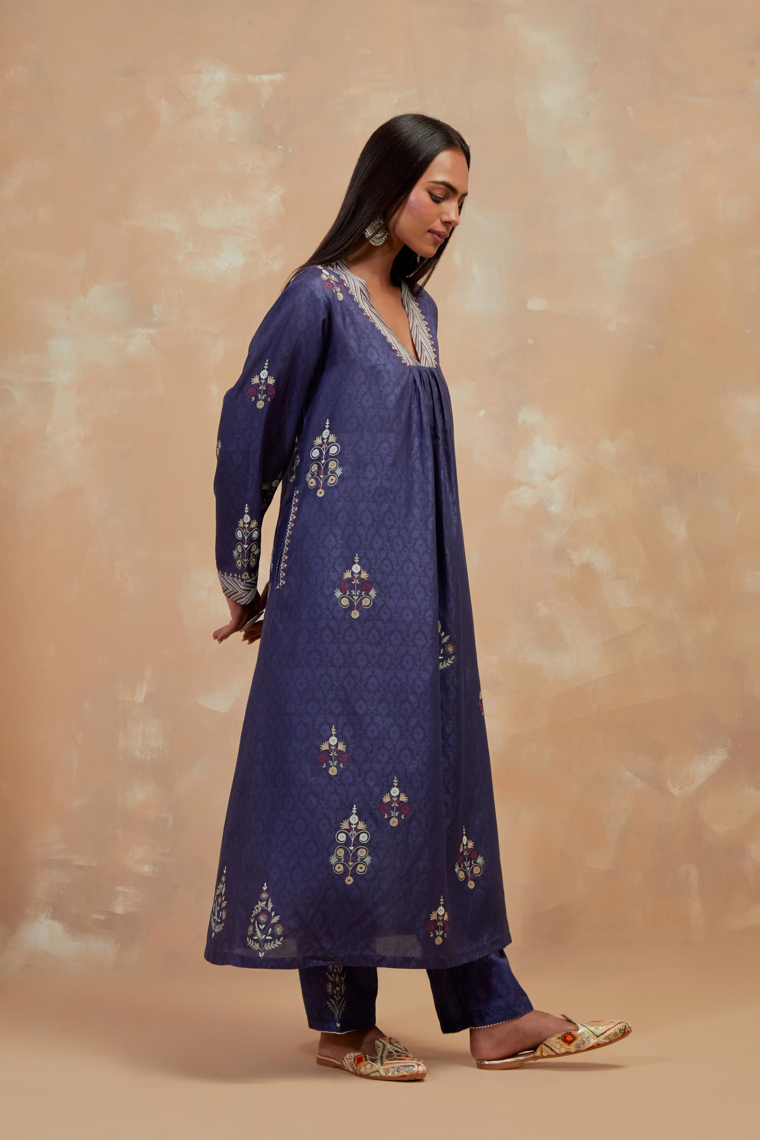 Ford blue silk hand block printed easy fit kurta set, highlighted multicolored silk thread embroidery.