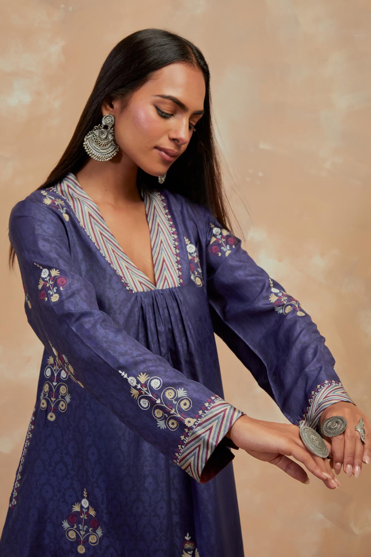 Ford blue silk hand block printed easy fit kurta set, highlighted multicolored silk thread embroidery.