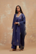Ford blue silk hand block printed easy fit kurta set, highlighted multicolored silk thread embroidery.