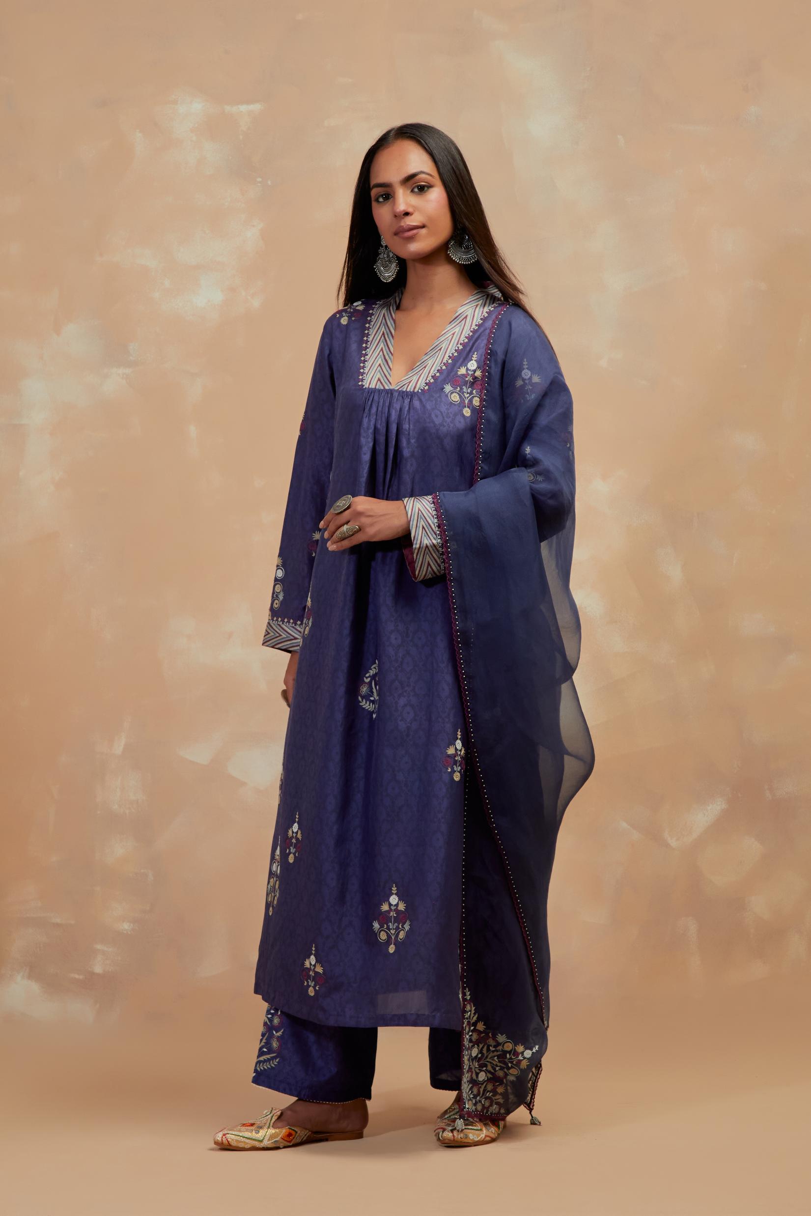 Ford blue silk hand block printed easy fit kurta set, highlighted multicolored silk thread embroidery.