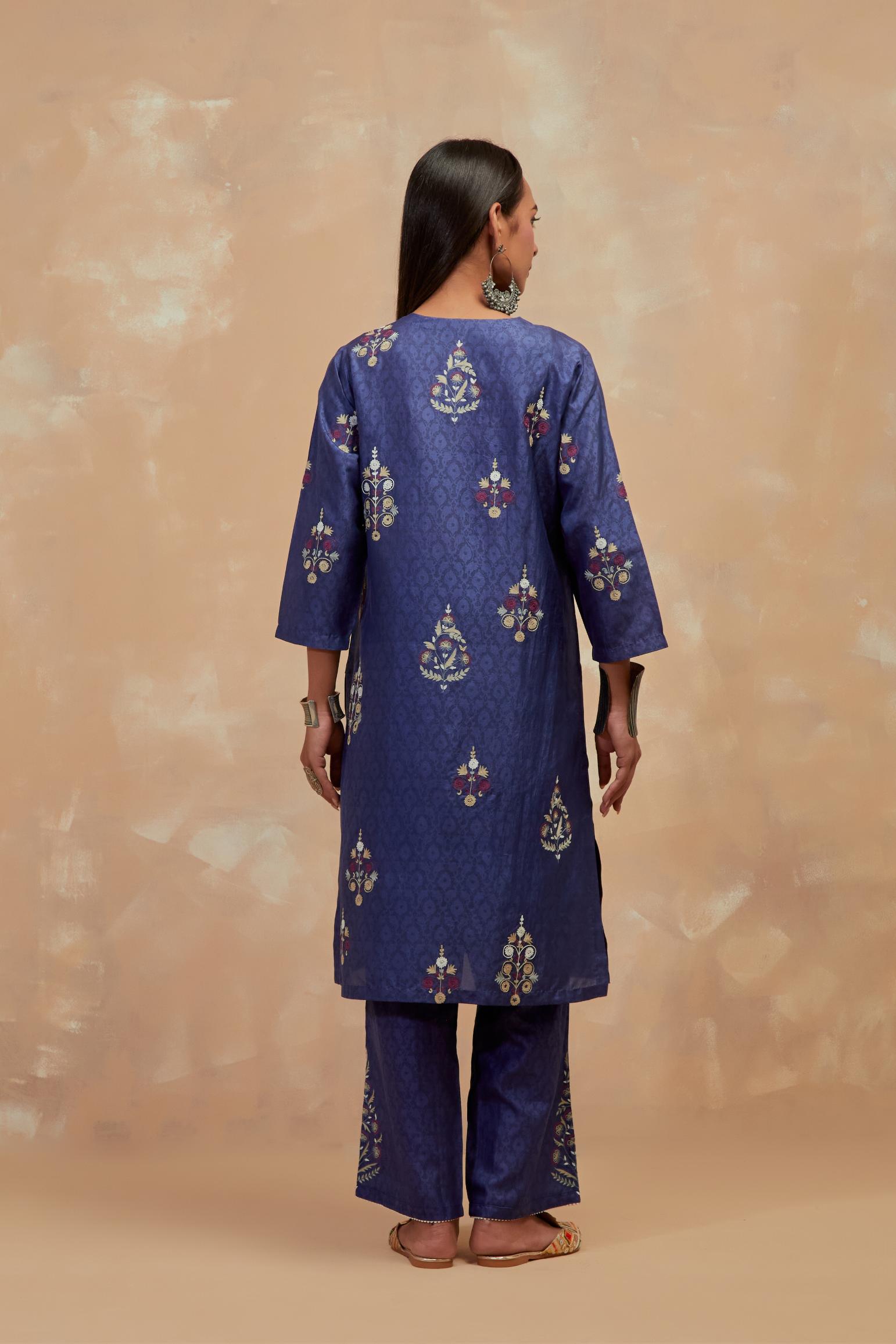 Ford blue silk hand block printed short kurta set, highlighted with multi colored silk thread embroidery.