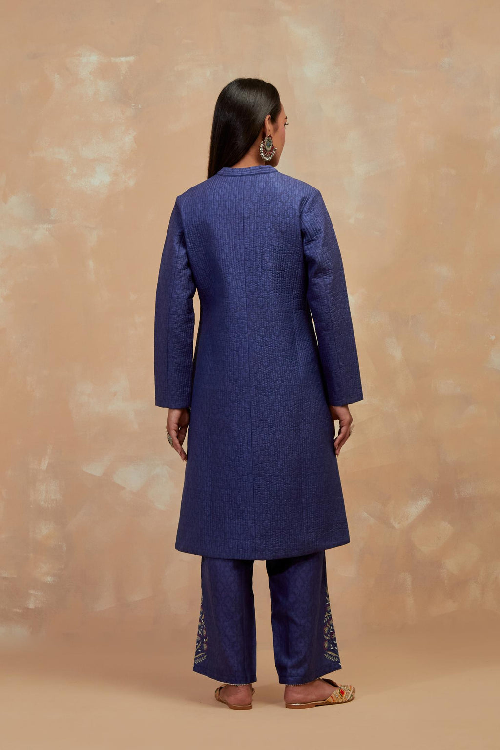 Ford blue silk, quilted mid- length front open jacket with all-over hand block print.