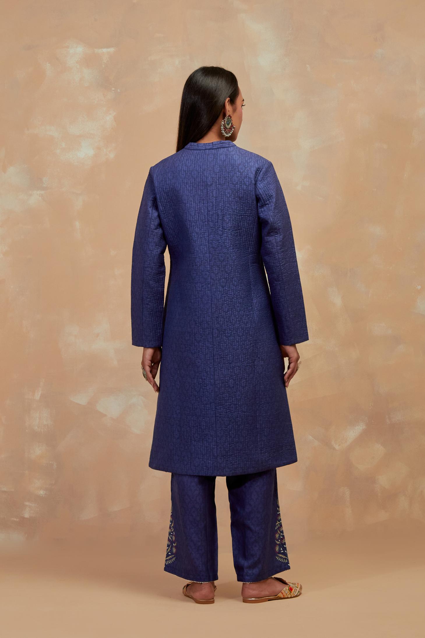 Ford blue silk, quilted mid- length front open jacket with all-over hand block print.