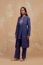 Ford blue silk, quilted mid- length front open jacket with all-over hand block print.
