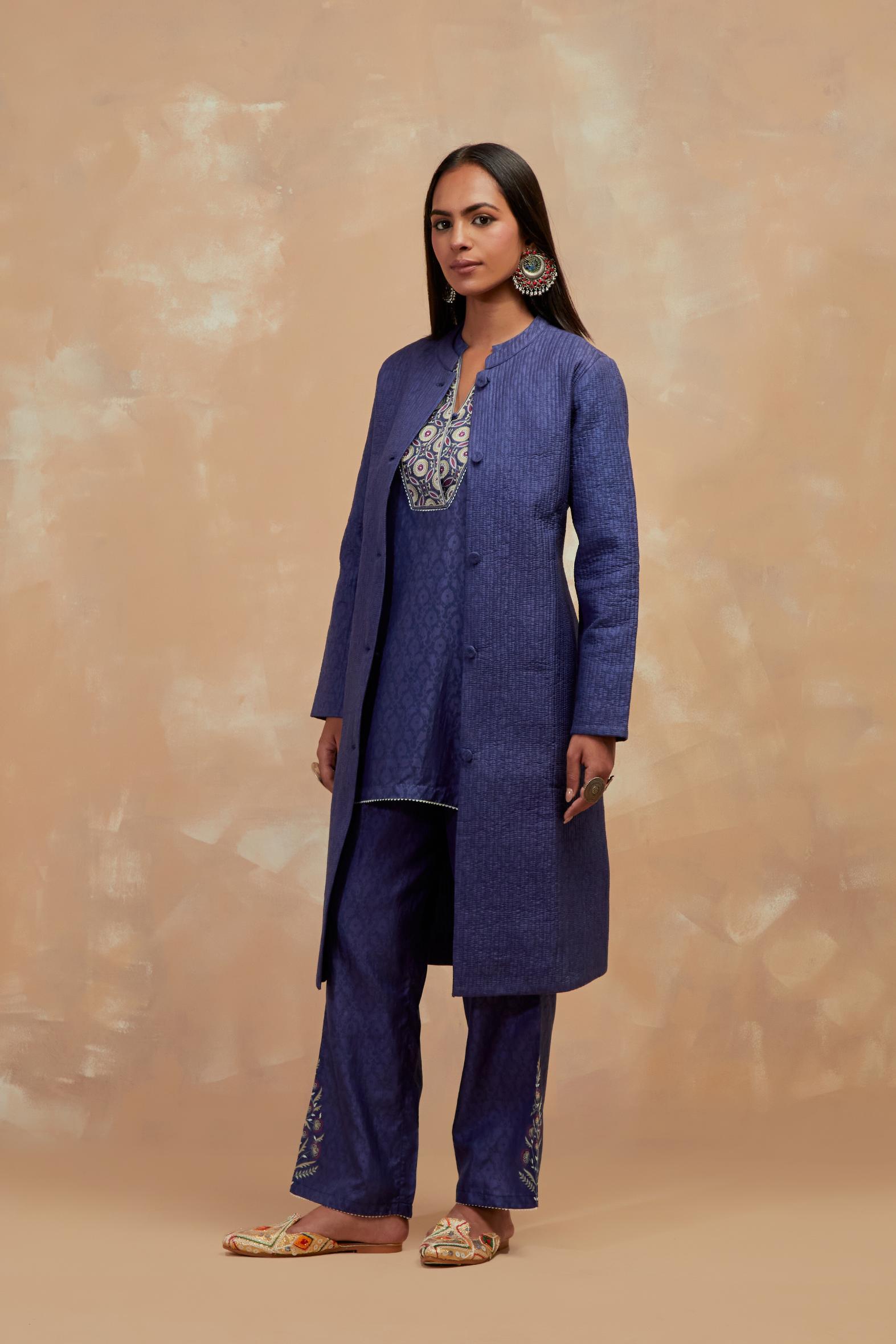 Ford blue silk, quilted mid- length front open jacket with all-over hand block print.