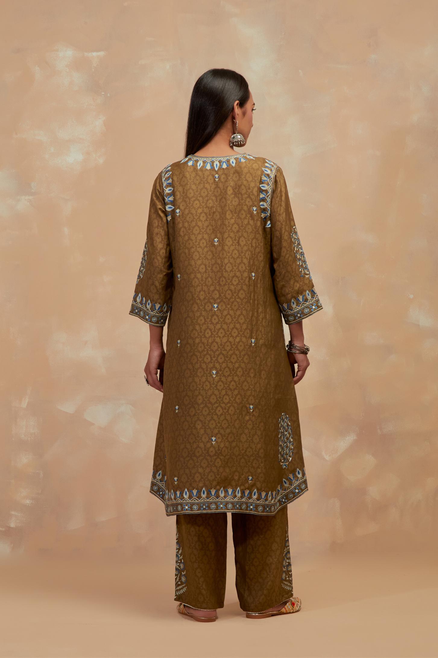 Olive green silk hand block printed short kurta set with round hem and multi colored silk thread embroidery all over the kurta.
