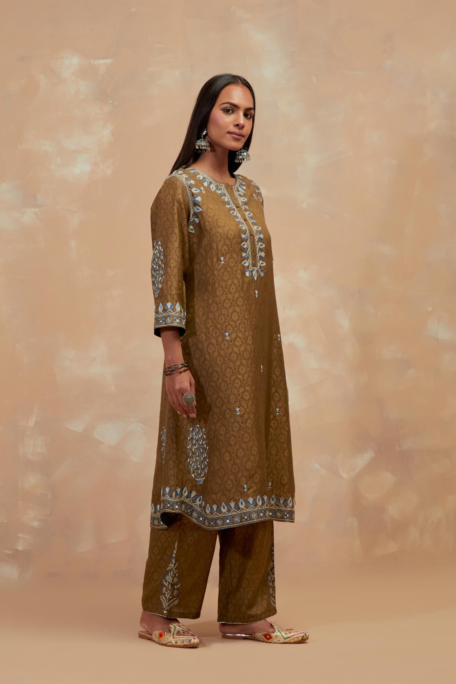 Olive green silk hand block printed short kurta set with round hem and multi colored silk thread embroidery all over the kurta.