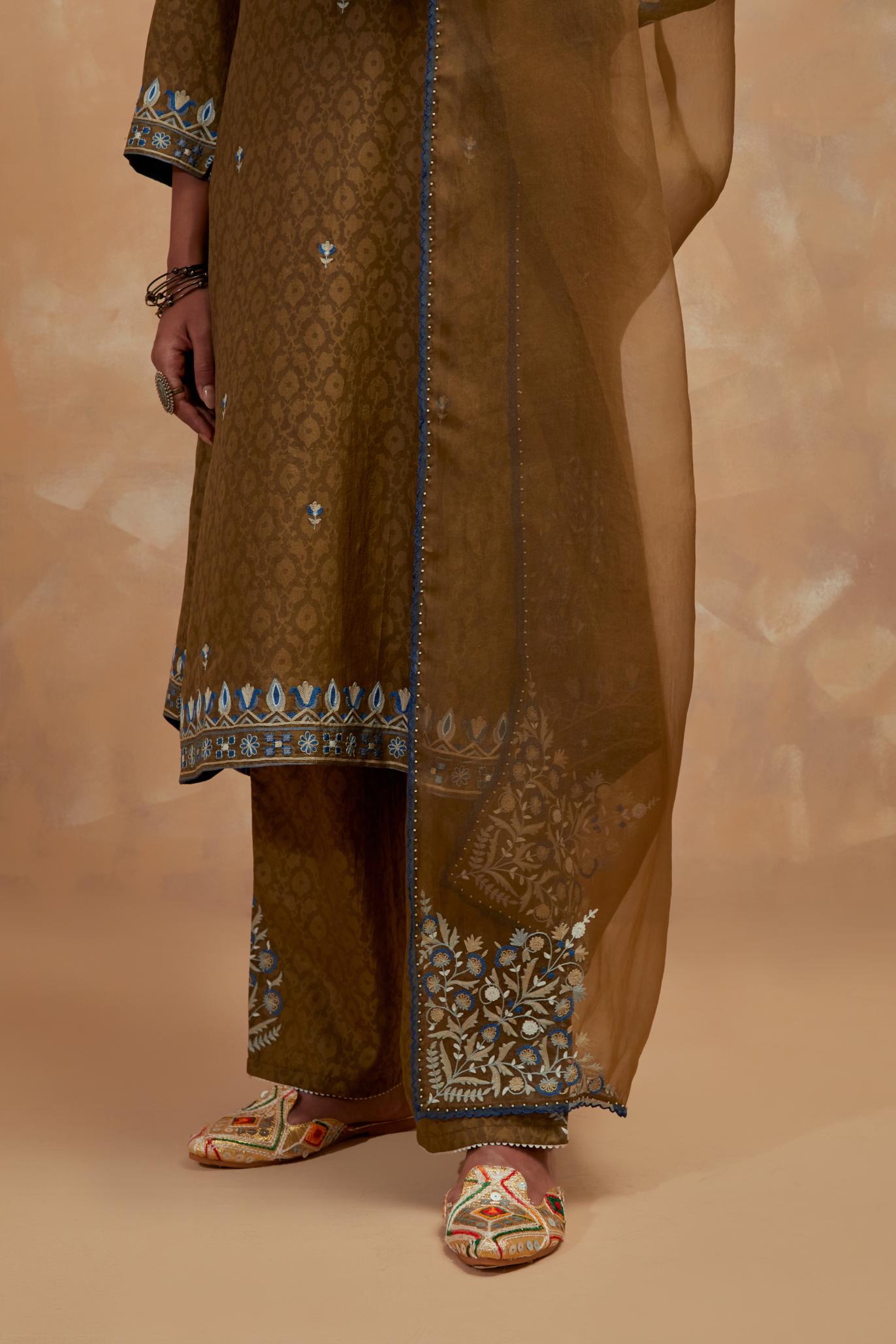 Dark olive silk organza dupatta with multi colored silk thread embroidery at dupatta all four corners.