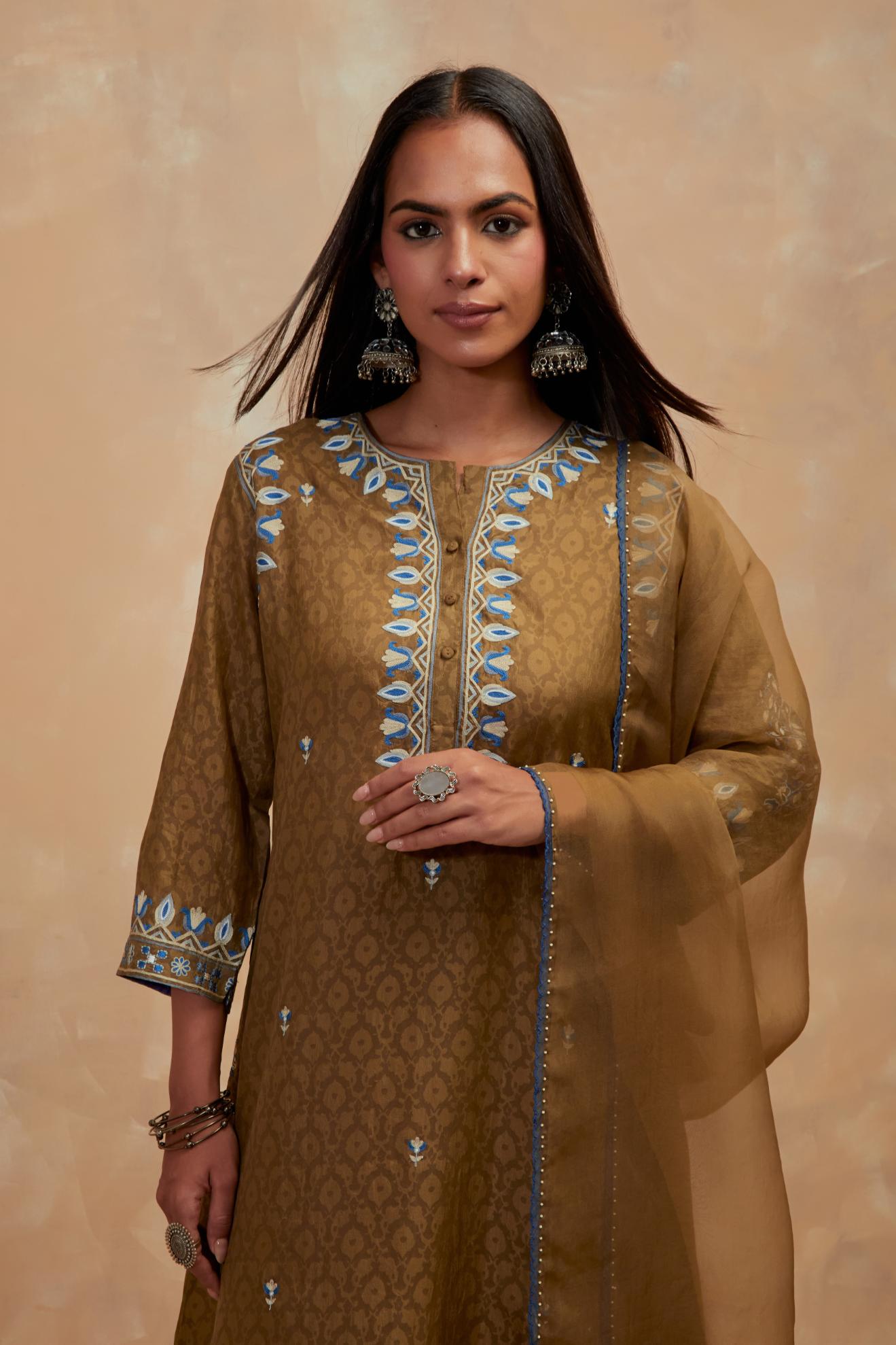 Dark olive silk organza dupatta with multi colored silk thread embroidery at dupatta all four corners.