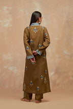 Olive green silk hand block printed easy fit kurta set, highlighted multicolored silk thread embroidery.
