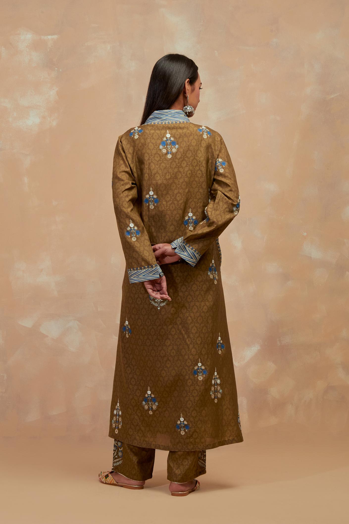 Olive green silk hand block printed easy fit kurta set, highlighted multicolored silk thread embroidery.
