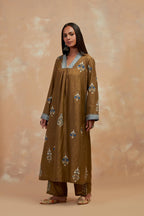 Olive green silk hand block printed easy fit kurta set, highlighted multicolored silk thread embroidery.