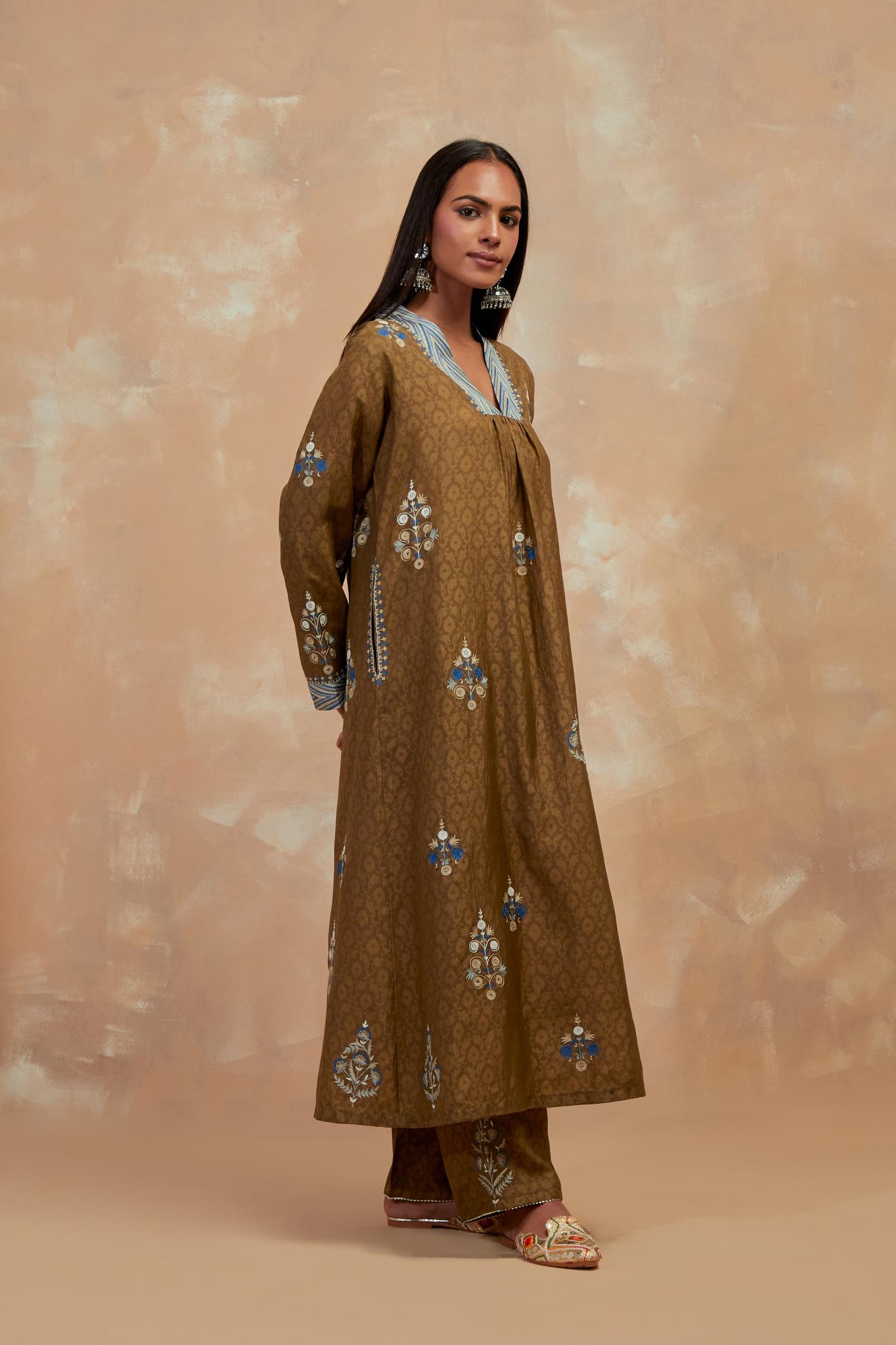 Olive green silk hand block printed easy fit kurta set, highlighted multicolored silk thread embroidery.