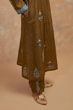 Olive green silk hand block printed easy fit kurta set, highlighted multicolored silk thread embroidery.