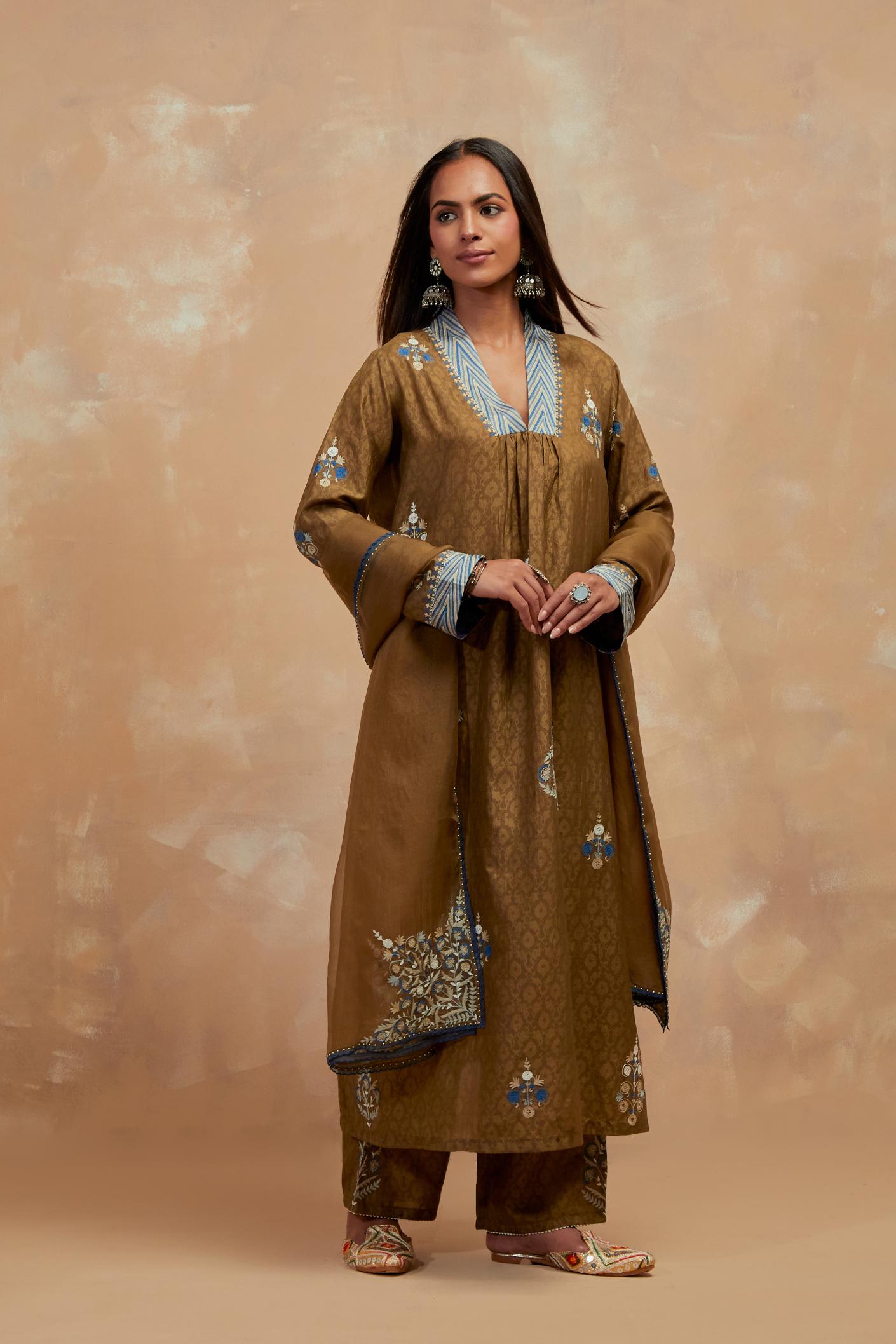 Olive green silk hand block printed easy fit kurta set, highlighted multicolored silk thread embroidery.