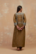 Olive green silk hand block printed A-line long kurta set with all-over multi colored thread embroidery.