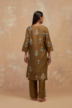 Olive green silk hand block printed short kurta set, highlighted with multi colored silk thread embroidery.