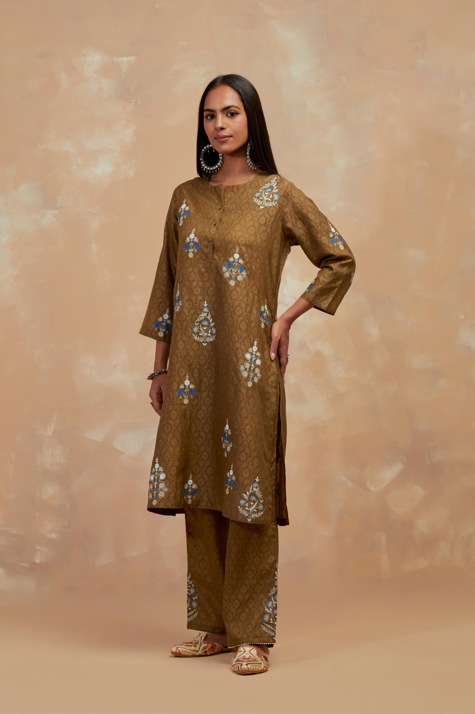 Olive green silk hand block printed short kurta set, highlighted with multi colored silk thread embroidery.