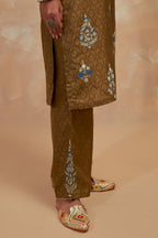 Olive green silk hand block printed short kurta set, highlighted with multi colored silk thread embroidery.