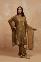 Olive green silk hand block printed short kurta set, highlighted with multi colored silk thread embroidery.