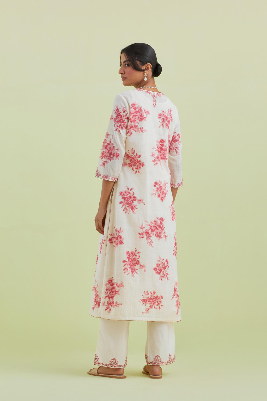 Pink and off-white cotton hand block-printed straight long kurta set with pink thread and mirror embroidery.