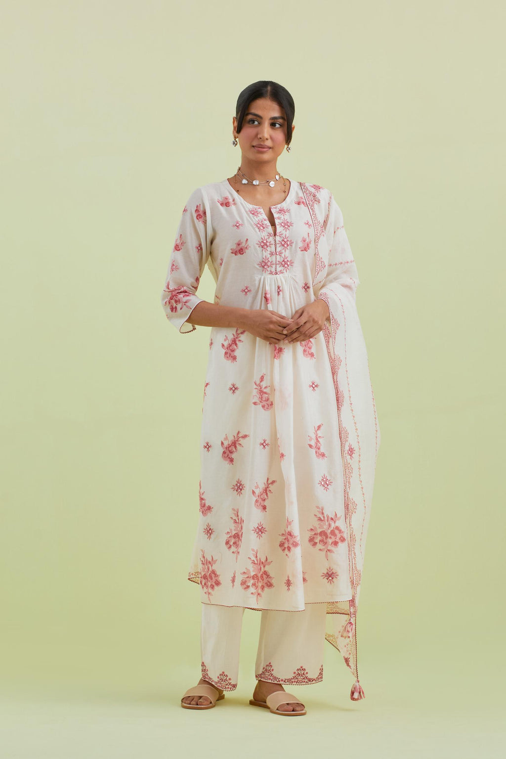 Pink and off-white hand block-printed silk chanderi straight long kurta dress set with pink thread and mirror embroidery.