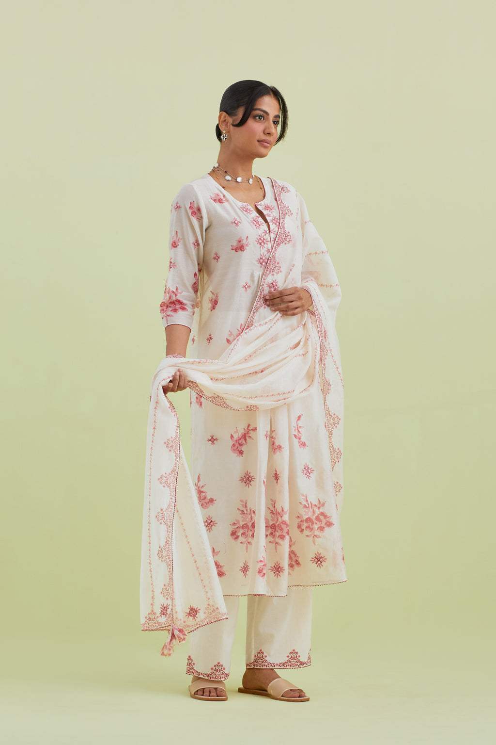 Pink & off-white cotton chanderi hand-block printed Dupatta with border and alternating vertical stripes print and thread and mirror embroidery.