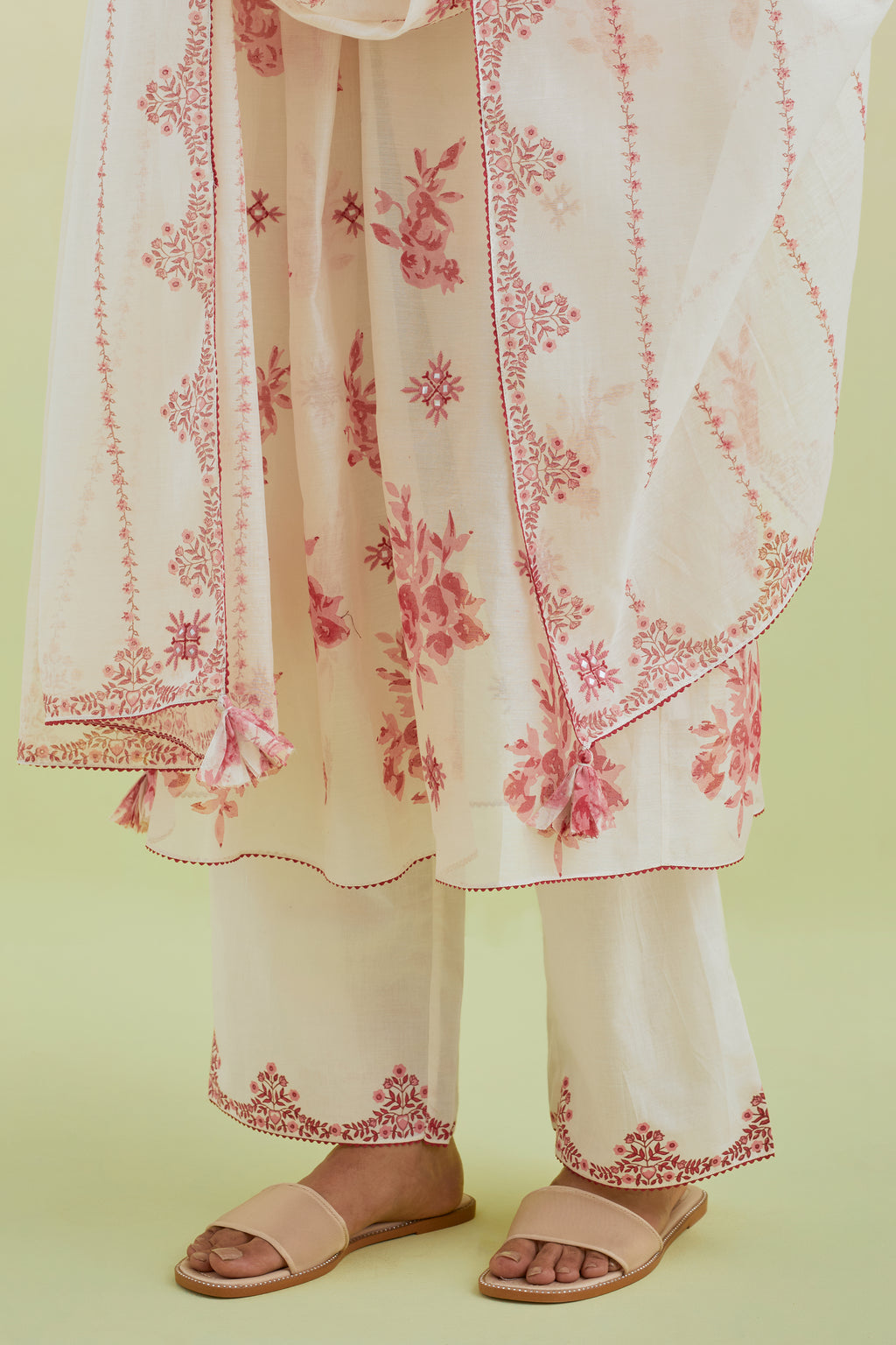 Pink & off-white cotton chanderi hand-block printed Dupatta with border and alternating vertical stripes print and thread and mirror embroidery.