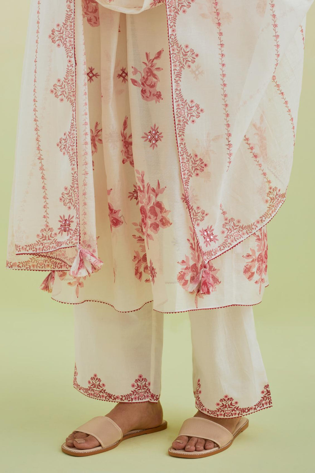 Pink and off-white hand block-printed silk chanderi straight long kurta dress set with pink thread and mirror embroidery.