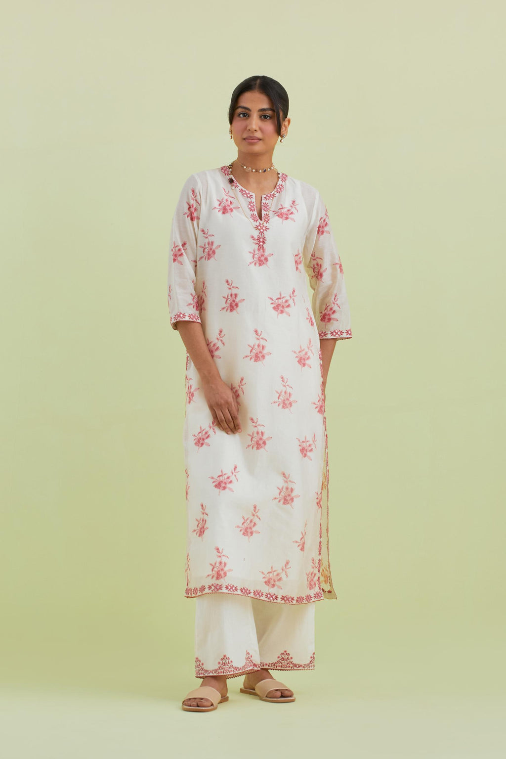 Pink and off-white silk chanderi hand block-printed straight long kurta set with pink thread and mirror embroidery.