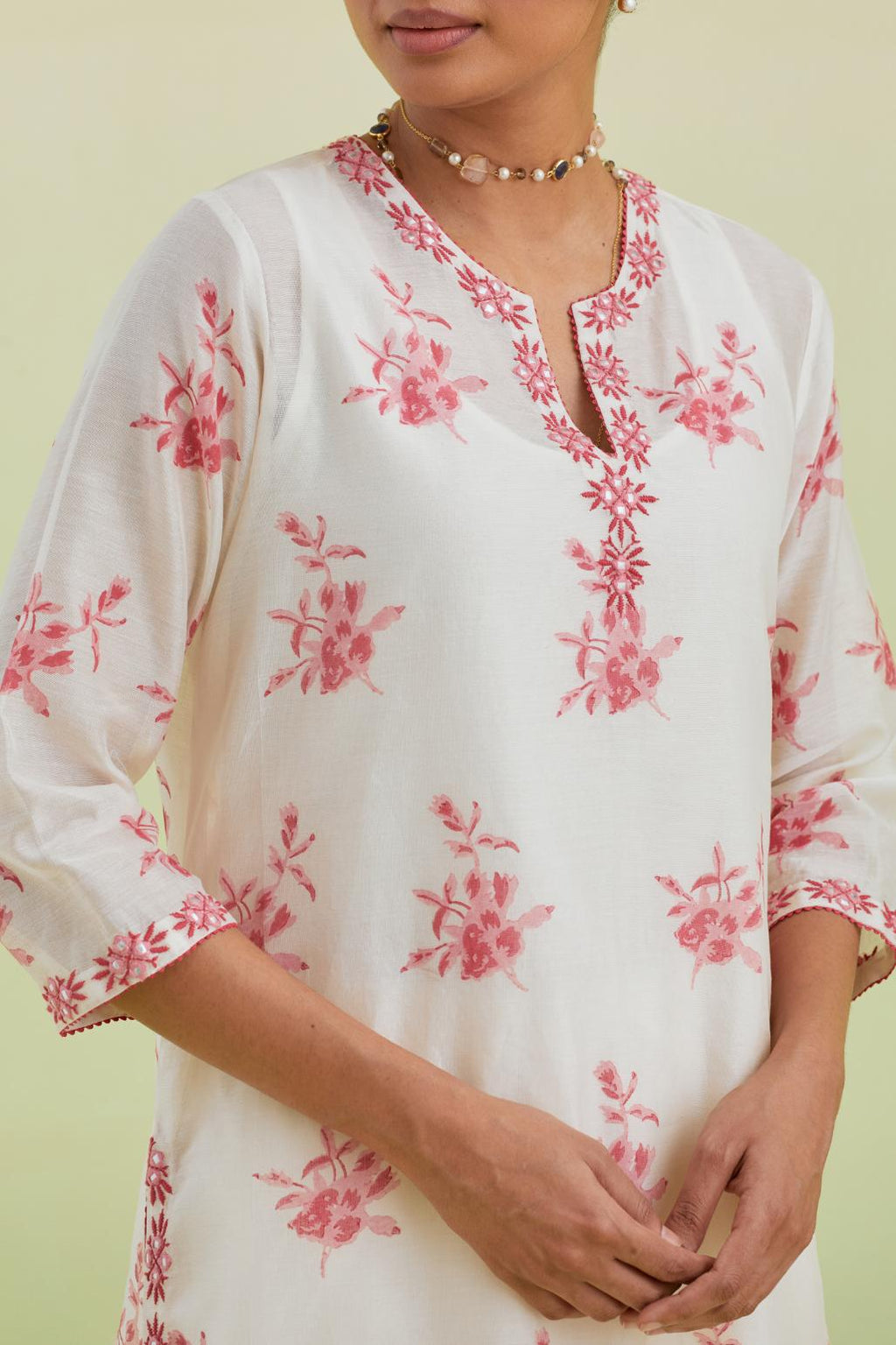 Pink and off-white silk chanderi hand block-printed straight long kurta set with pink thread and mirror embroidery.