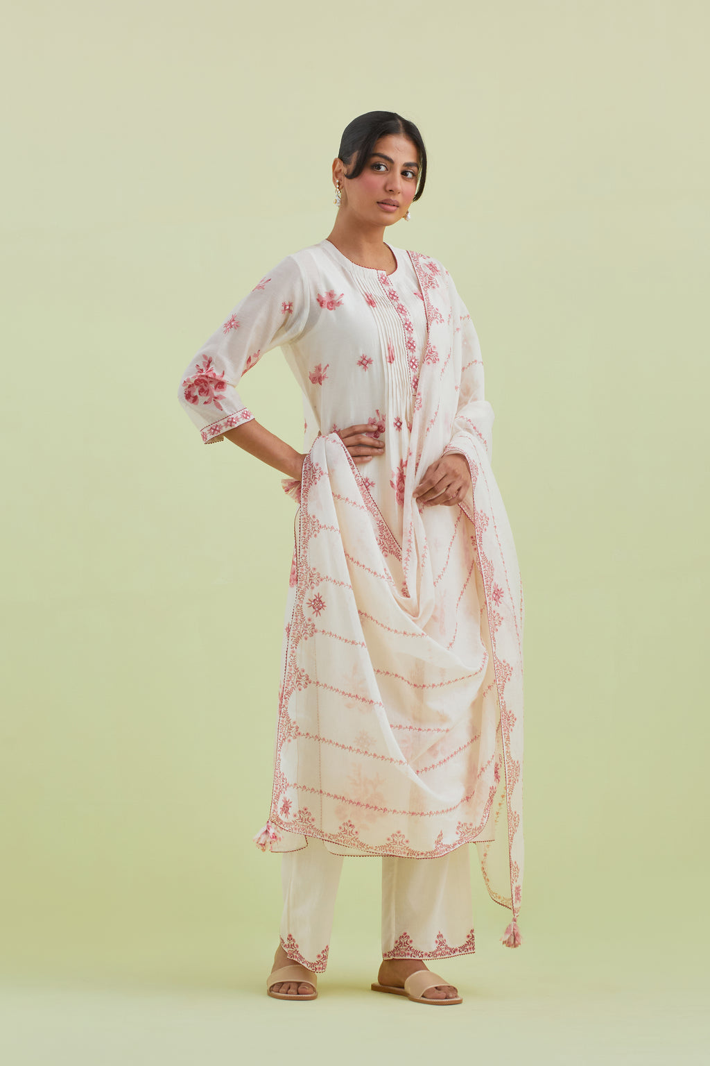 Pink & off-white cotton chanderi hand-block printed Dupatta with border and alternating vertical stripes print and thread and mirror embroidery.