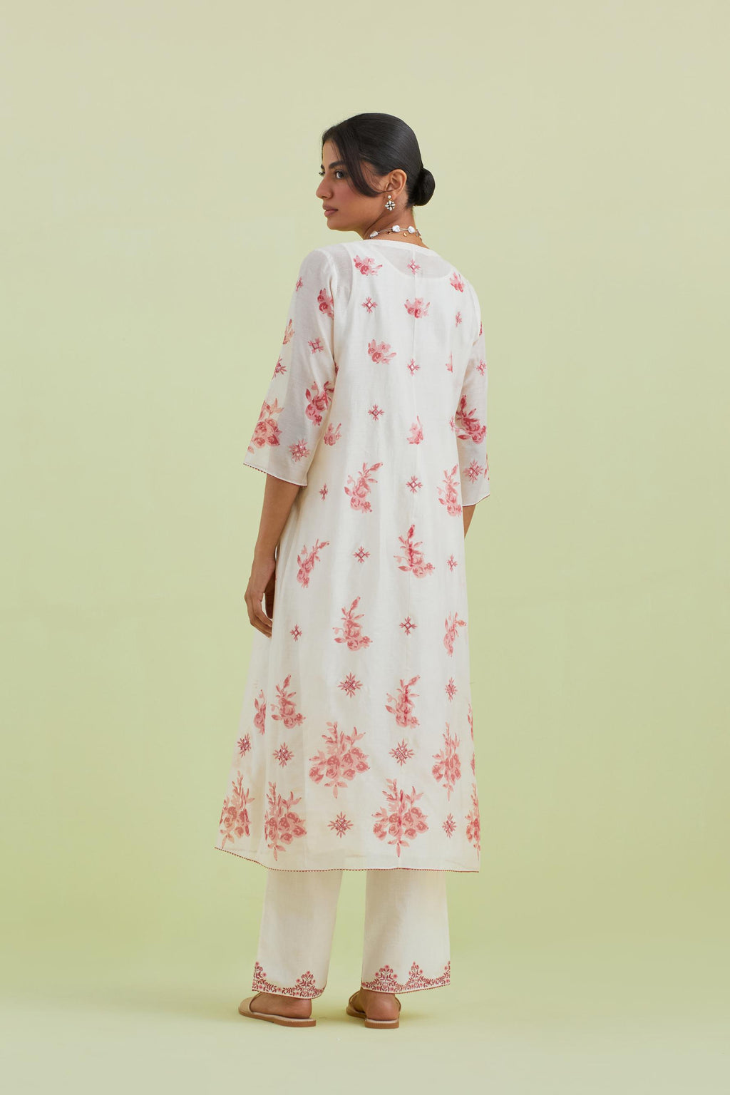 Pink and off-white hand block-printed silk chanderi straight long kurta dress set with pink thread and mirror embroidery.