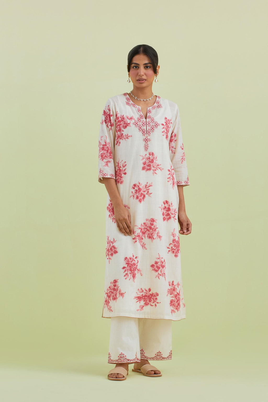 Pink and off-white cotton hand block-printed straight long kurta set with pink thread and mirror embroidery.