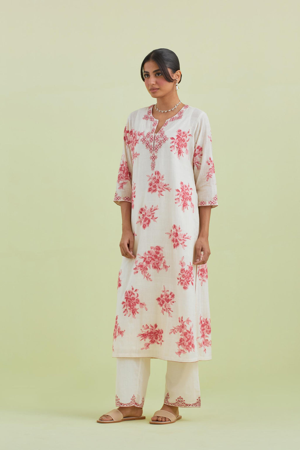 Pink and off-white cotton hand block-printed straight long kurta set with pink thread and mirror embroidery.