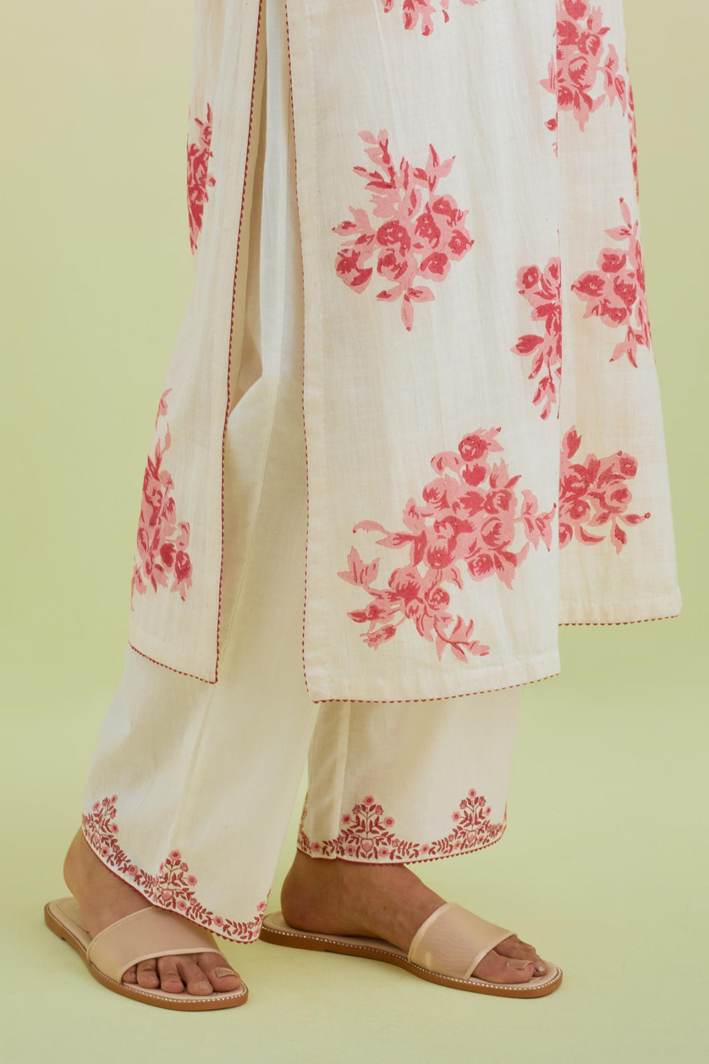 Pink and off-white cotton hand block-printed straight long kurta set with pink thread and mirror embroidery.