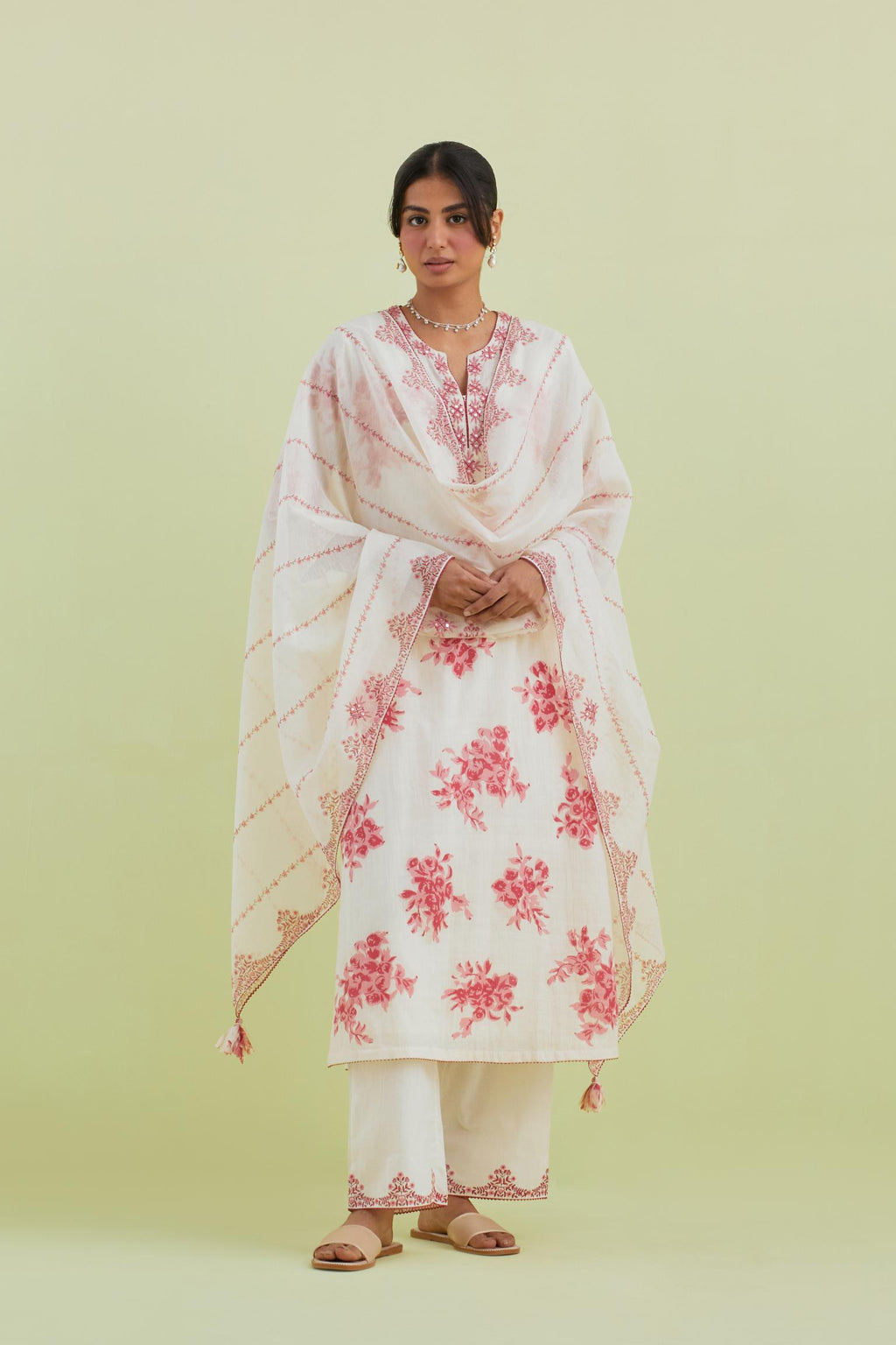 Pink and off-white cotton hand block-printed straight long kurta set with pink thread and mirror embroidery.