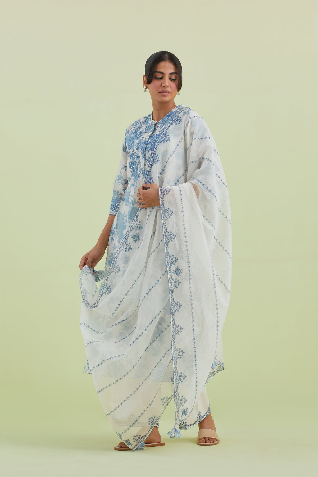 Blue & off-white cotton chanderi hand-block printed Dupatta with border and alternating vertical stripes print and thread and mirror embroidery.