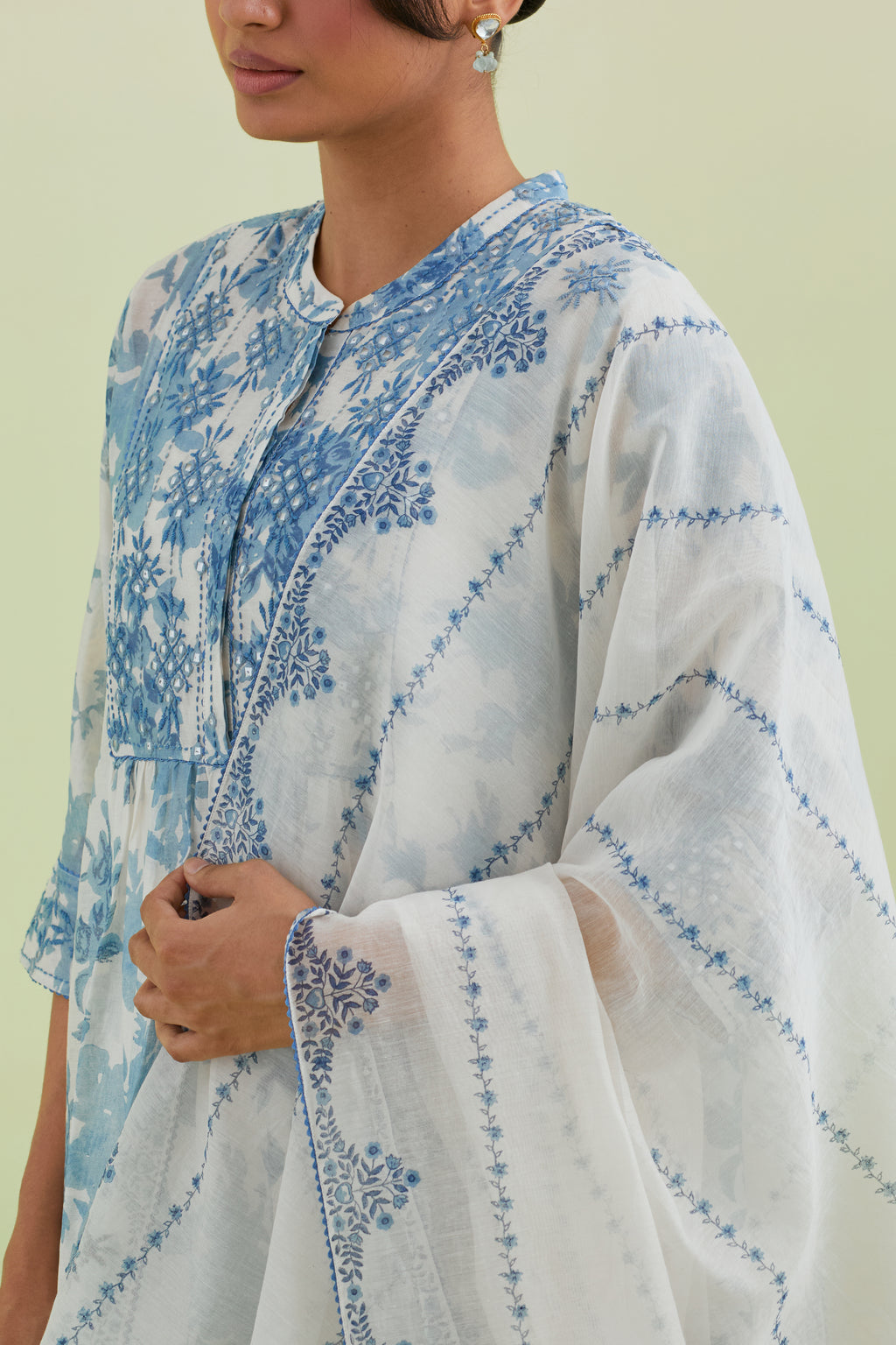 Blue & off-white cotton chanderi hand-block printed Dupatta with border and alternating vertical stripes print and thread and mirror embroidery.