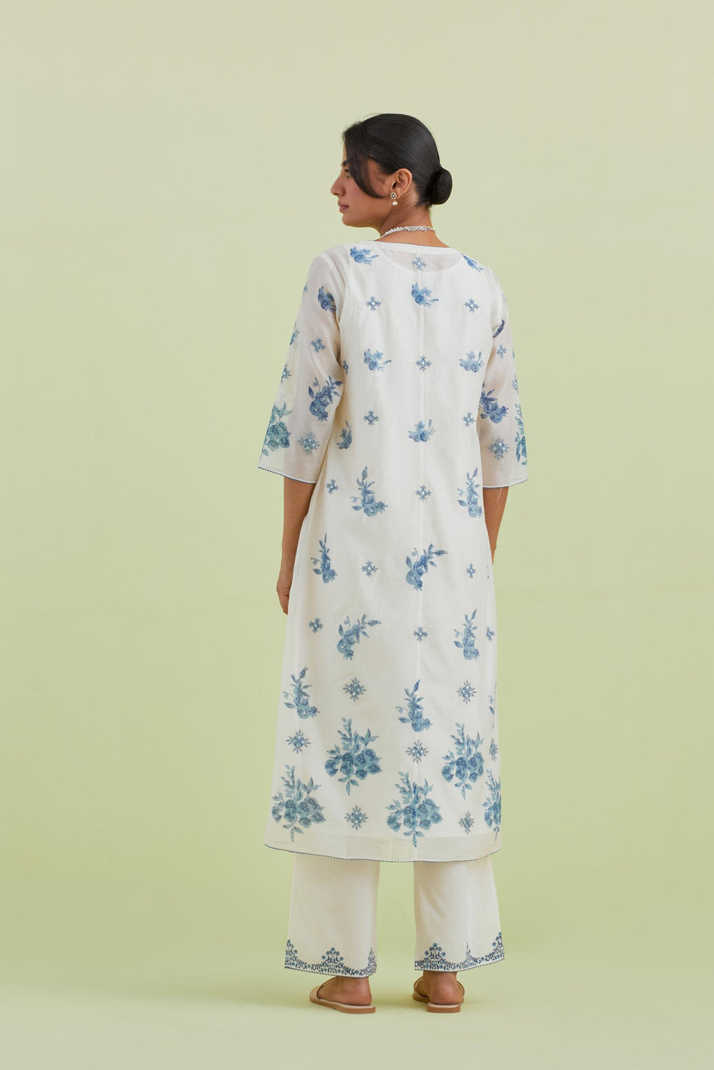 Blue and off-white hand block-printed silk chanderi straight long kurta dress set with blue thread and mirror embroidery.