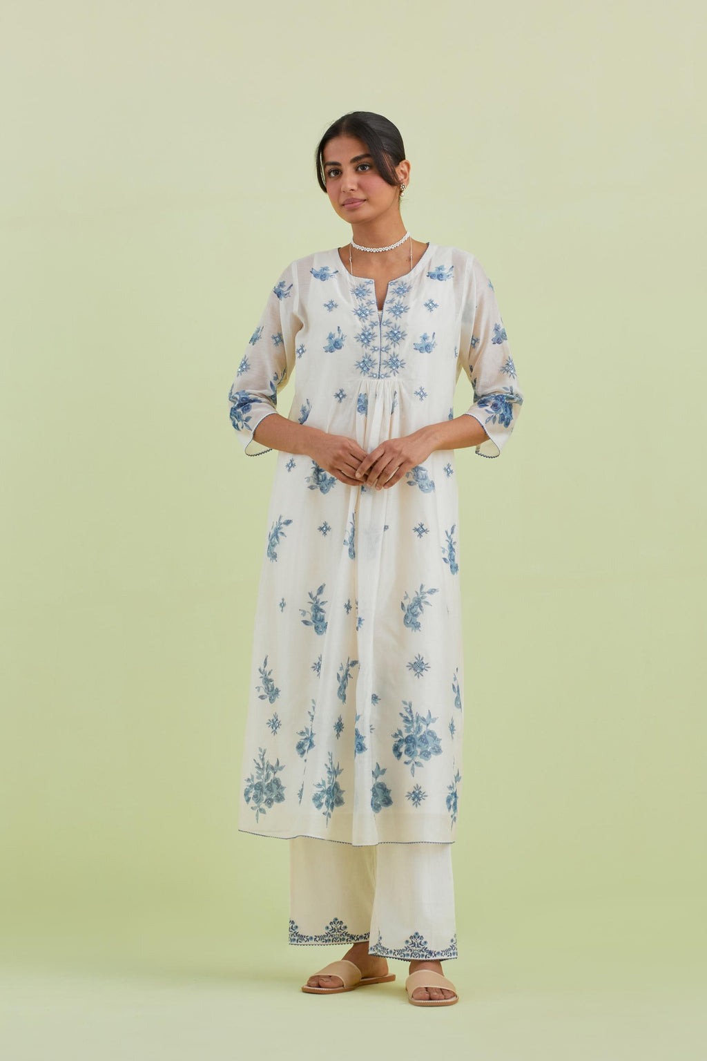 Blue and off-white hand block-printed silk chanderi straight long kurta dress set with blue thread and mirror embroidery.