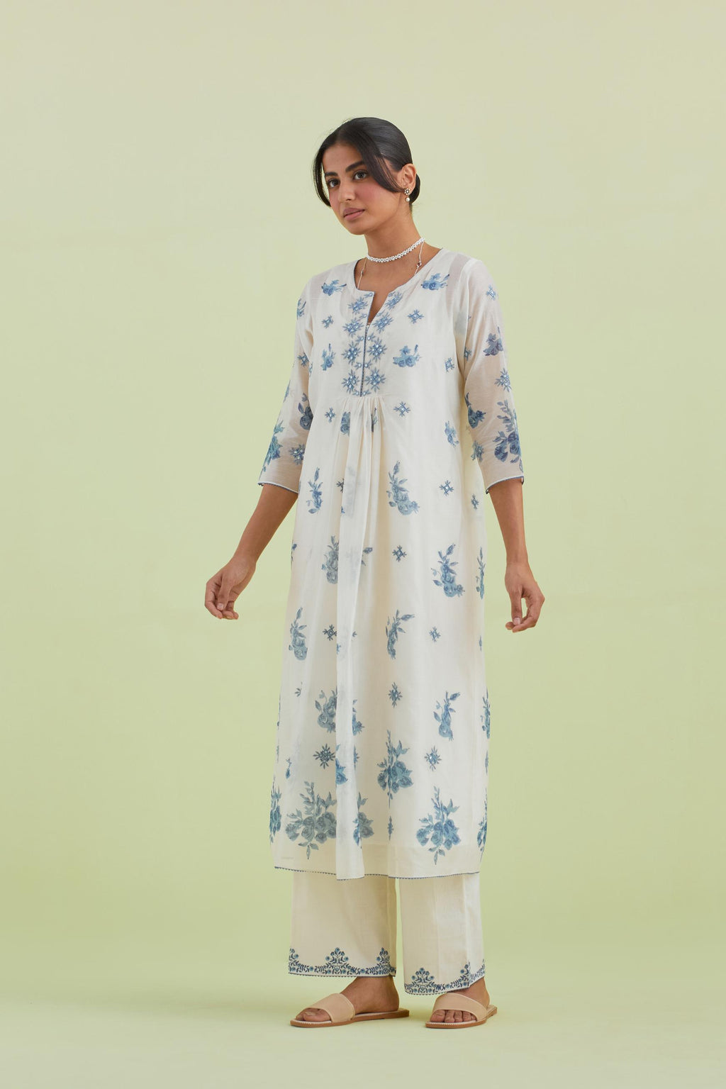 Blue and off-white hand block-printed silk chanderi straight long kurta dress set with blue thread and mirror embroidery.