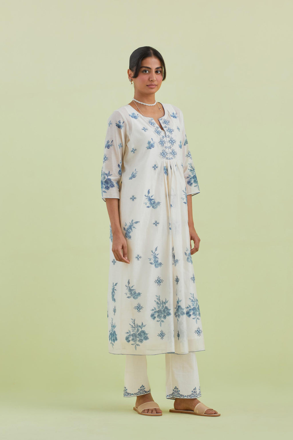 Blue and off-white hand block-printed silk chanderi straight long kurta dress set with blue thread and mirror embroidery.