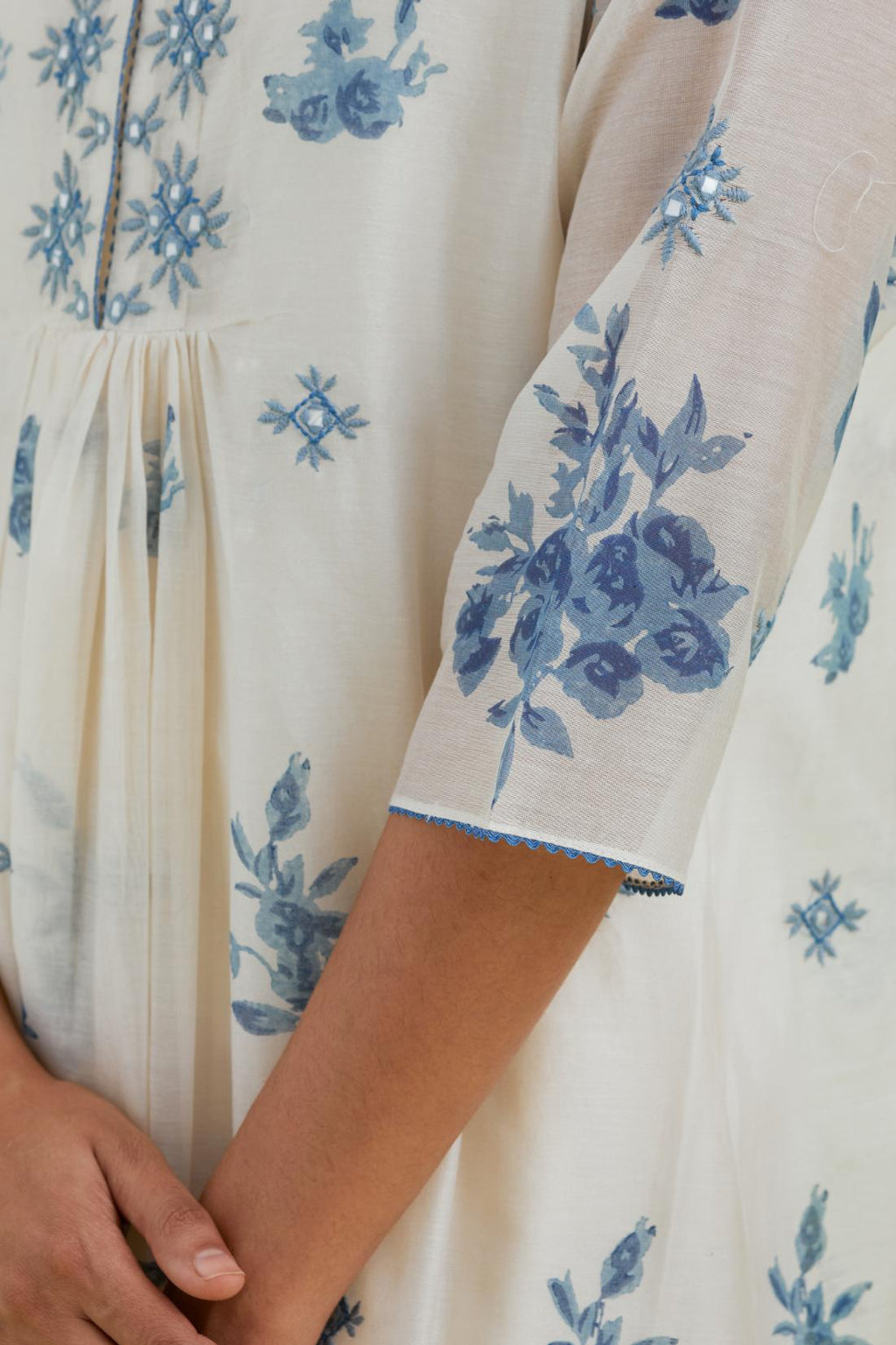 Blue and off-white hand block-printed silk chanderi straight long kurta dress set with blue thread and mirror embroidery.