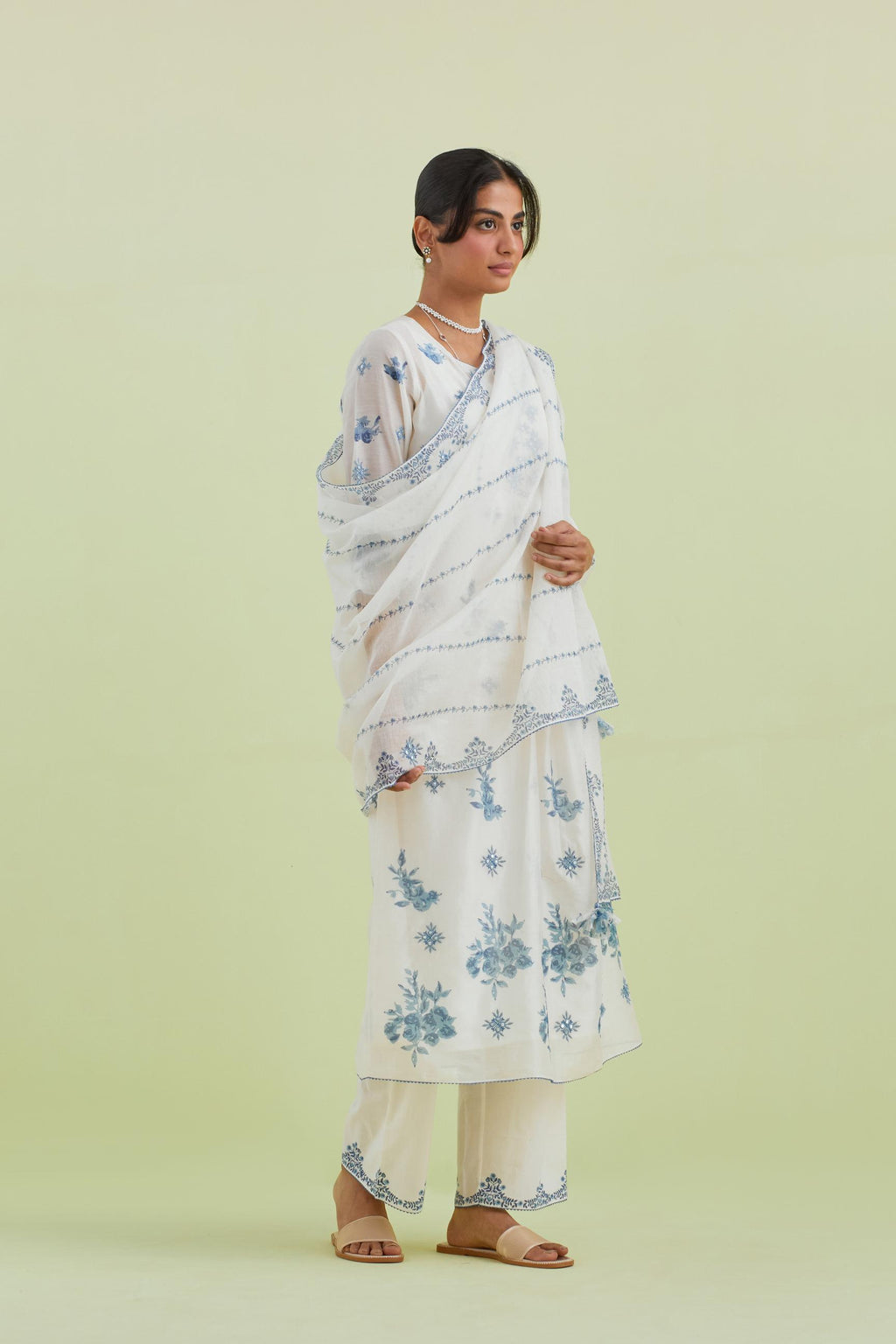 Blue and off-white hand block-printed silk chanderi straight long kurta dress set with blue thread and mirror embroidery.